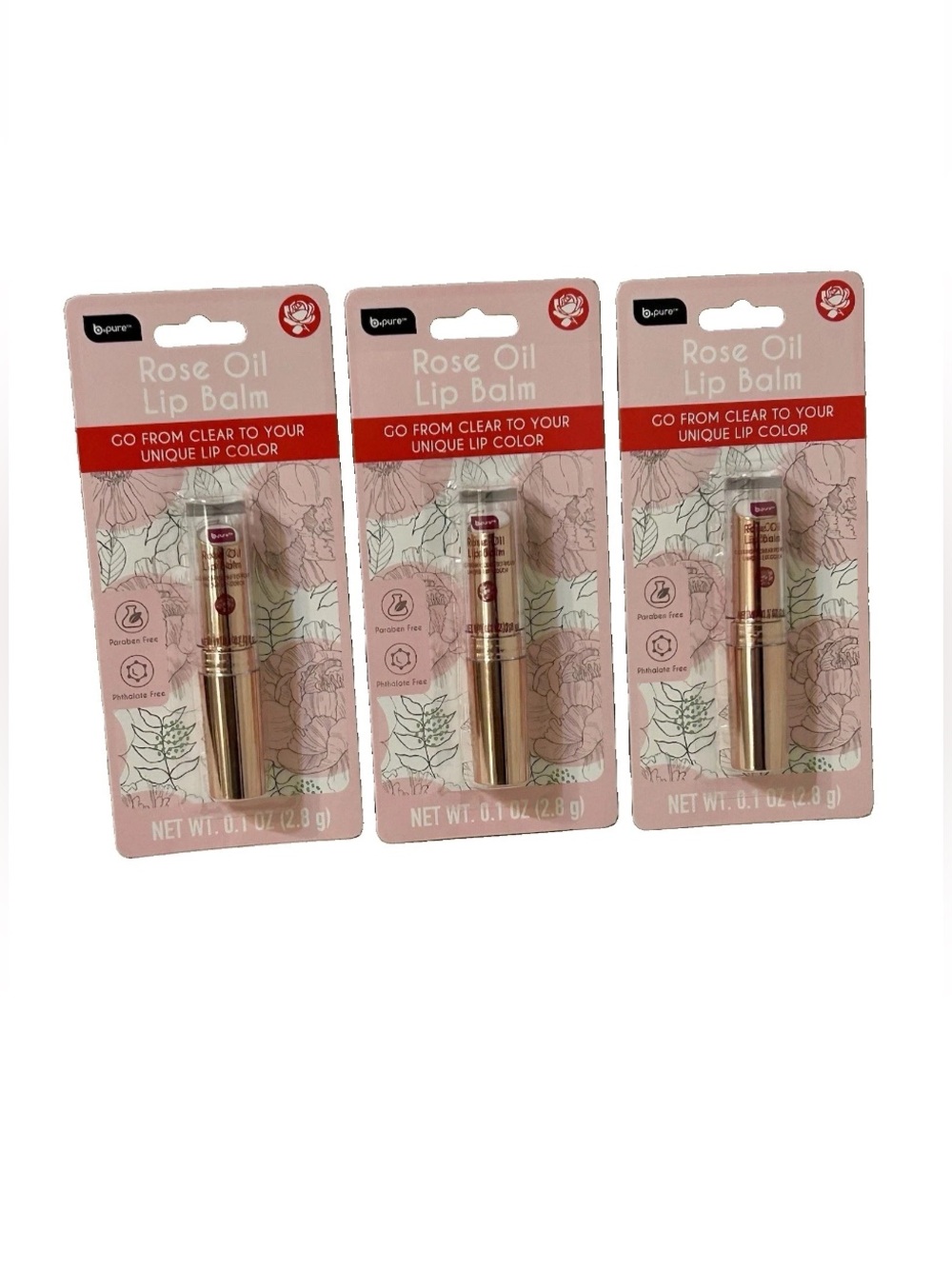 b.pure Rose Oil Color Changing Lip Balm Phthalate Free Moisturizing Lot of 3